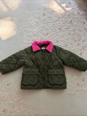 Baby Gap Quilted Jacket / Barn Coat with Pink Collar - Olive Green